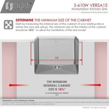 Stylish Versa15 15" x 19" Workstation Single Bowl Undermount 16 Gauge Stainless Steel Kitchen Sink with Built in Accessories S-610W - Renoz