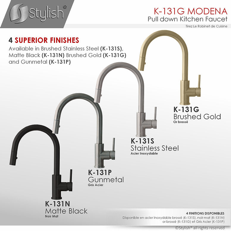 Stylish Modena 14" Kitchen Faucet Single Handle Pull Down Dual Mode Stainless Steel Gold Finish K-131G - Renoz