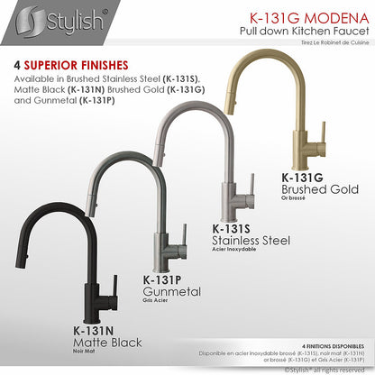 Stylish Modena 14" Kitchen Faucet Single Handle Pull Down Dual Mode Stainless Steel Gold Finish K-131G - Renoz