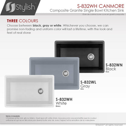 Stylish Canmore 32" x 18" Dual Mount Workstation Single Bowl White Composite Granite Kitchen Sink with Built in Accessories - Renoz