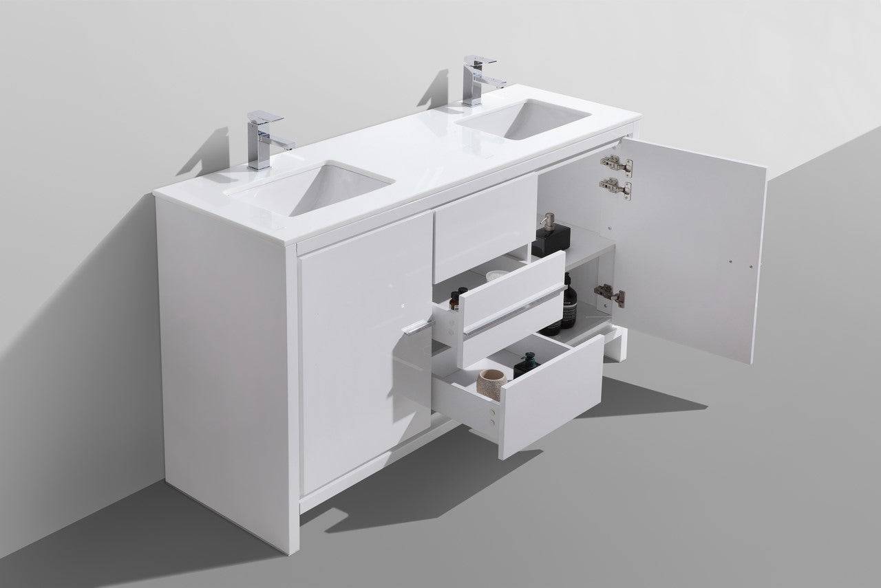 Kube Bath Dolce 60" Double Sink Floor Mount Bathroom Vanity With White Quartz Countertop With 2 Doors And 3 Drawers AD660D - Renoz