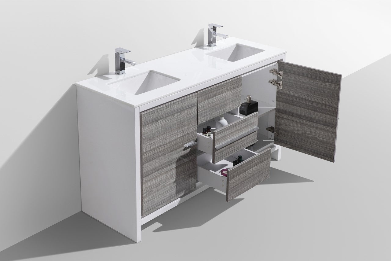 Kube Bath Dolce 60" Double Sink Floor Mount Bathroom Vanity With White Quartz Countertop With 2 Doors And 3 Drawers AD660D - Renoz