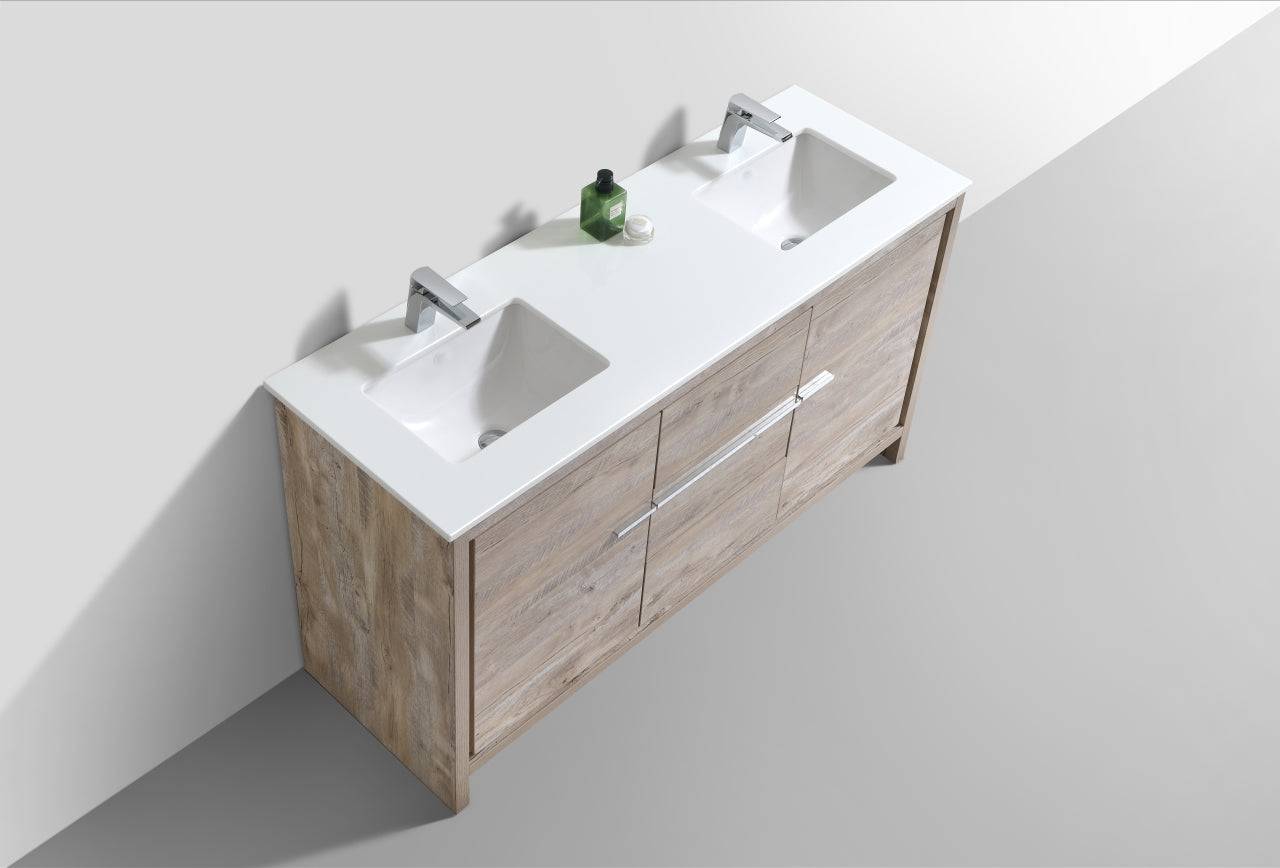 Kube Bath Dolce 60" Double Sink Floor Mount Bathroom Vanity With White Quartz Countertop With 2 Doors And 3 Drawers AD660D - Renoz