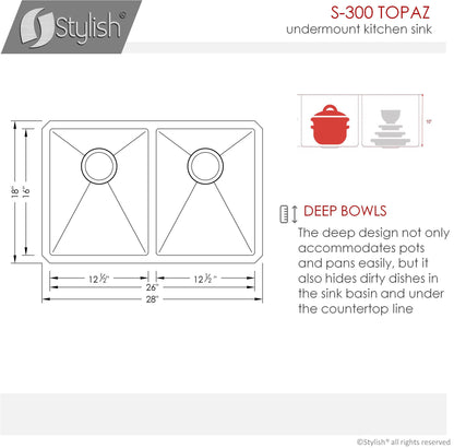 Stylish Topaz 28" x 18" Double Bowl Undermount Stainless Steel Kitchen Sink S-300XG - Renoz