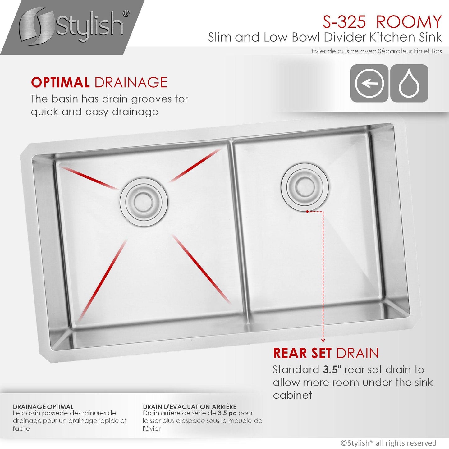 Stylish Roomy 32" x 18" Low Divider 60-40 Double Bowl Undermount Stainless Steel Kitchen Sink S-325XG - Renoz