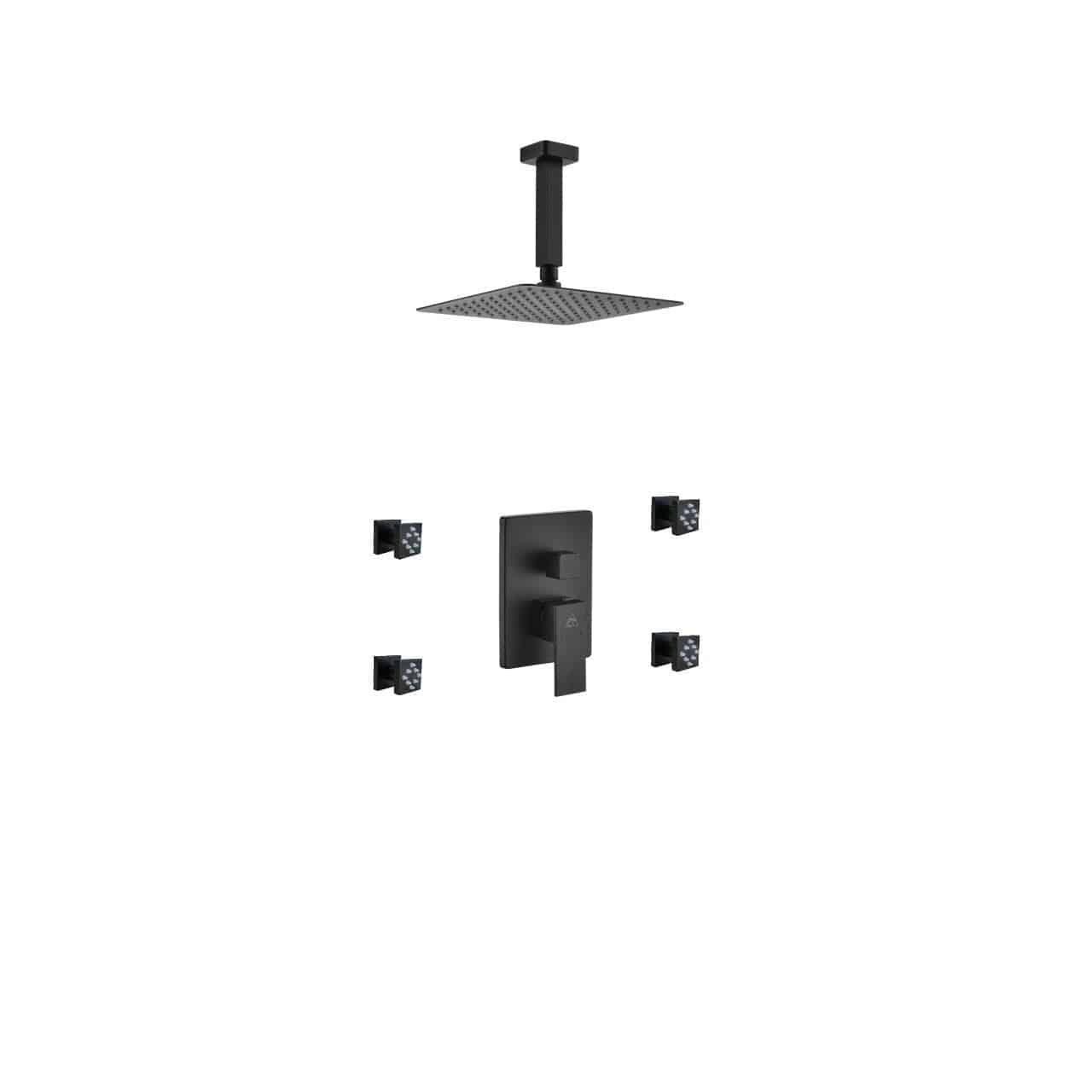 Kube Bath Aqua Piazza Black Shower Set With 8" Ceiling Mount Square Rain Shower and 4 Body Jets - Renoz