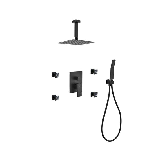 Kube Bath Aqua Piazza Black Shower Set With 8" Ceiling Mount Square Rain Shower, Handheld and 4 Body Jets - Renoz