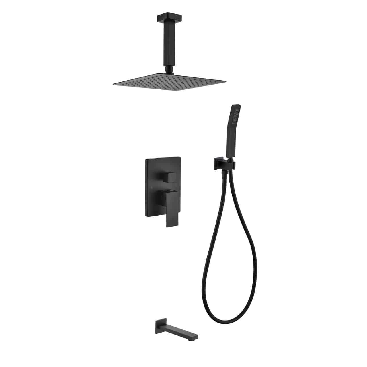 Kube Bath Aqua Piazza Black Shower Set With 12" Ceiling Mount Square Rain Shower, Handheld and Tub Filler - Renoz