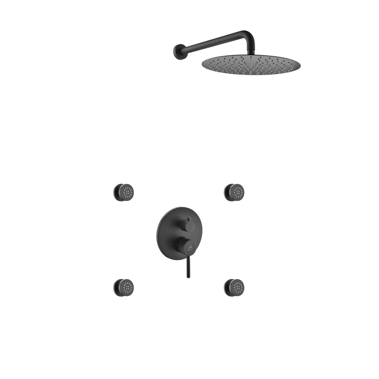 Kube Bath Aqua Rondo Black Brass Shower Set With 12" Round Rain Shower and 4 Body Jets - Renoz