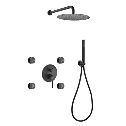 Kube Bath Aqua Rondo Black Brass Shower Set With 12" Round Rain Shower, 4 Body Jets and Handheld - Renoz