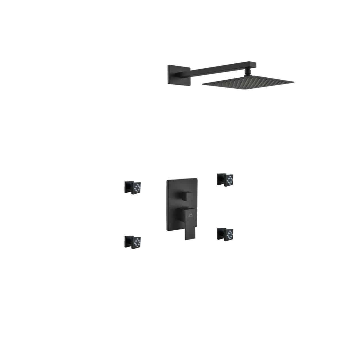 Kube Bath Aqua Piazza Black Shower Set With 8" Square Rain Shower and 4 Body Jets - Renoz