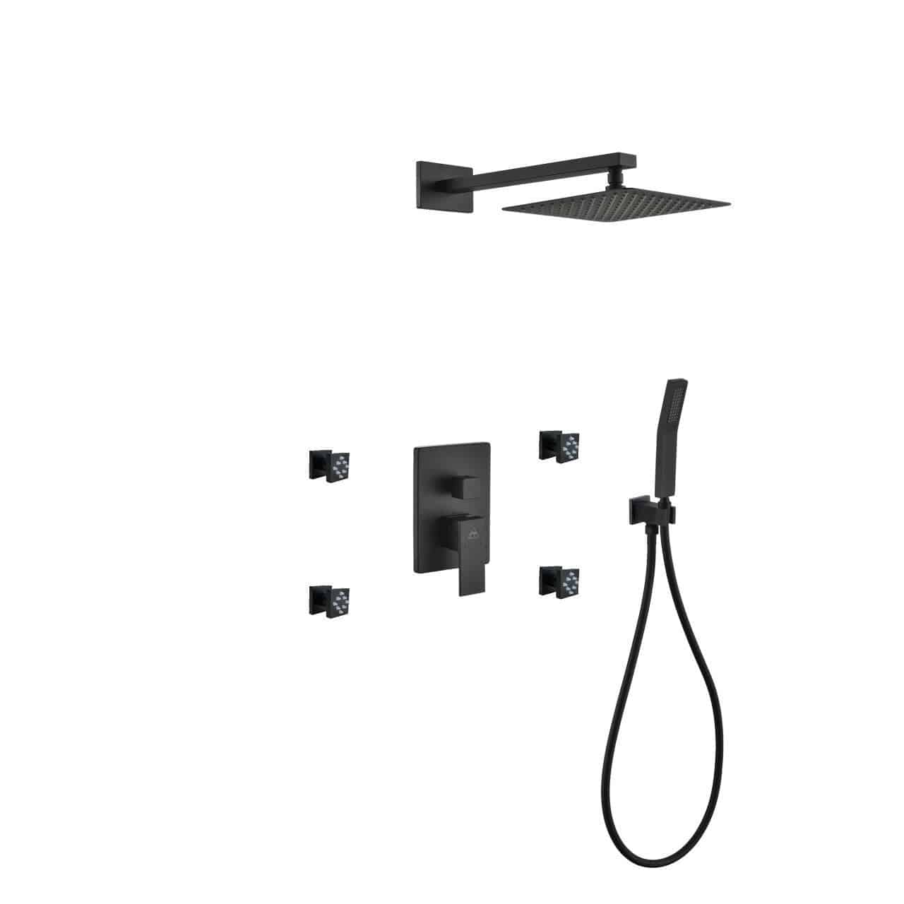 Kube Bath Aqua Piazza Black Shower Set With 8" Square Rain Shower, 4 Body Jets and Handheld - Renoz