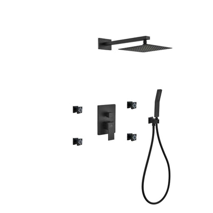 Kube Bath Aqua Piazza Black Shower Set With 8" Square Rain Shower, 4 Body Jets and Handheld - Renoz