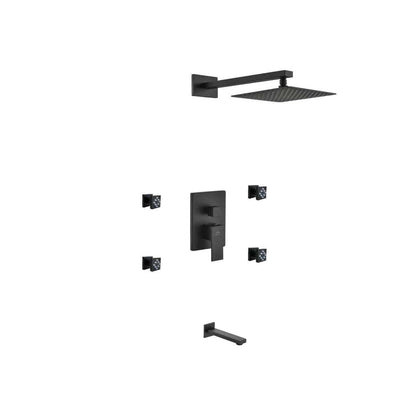 Kube Bath Aqua Piazza Black Shower Set With 8" Square Rain Shower, 4 Body Jets and Tub Filler - Renoz