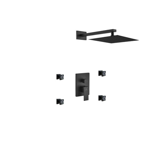 Kube Bath Aqua Piazza Black Shower Set With 12" Square Rain Shower and 4 Body Jets - Renoz