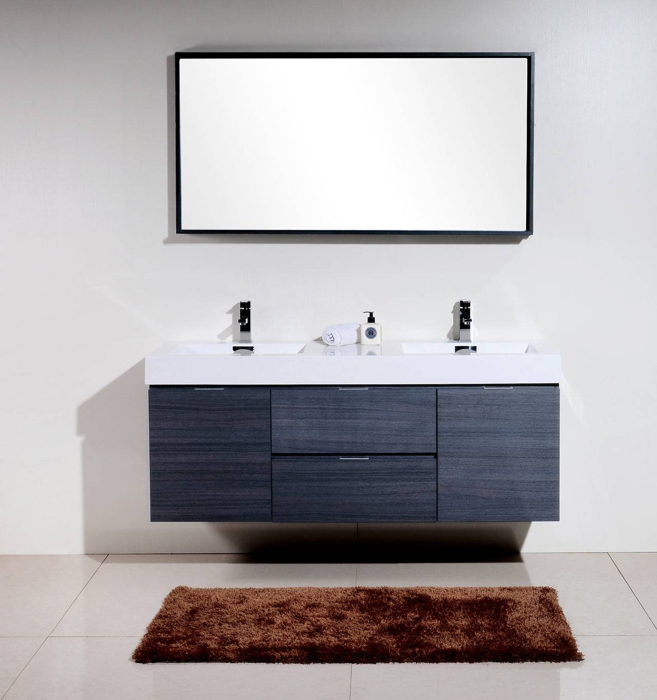 Kube Bath Bliss 60" Wall Mount / Wall Hung Double Sink Bathroom Vanity With 2 Drawers And 2 Doors Acrylic Countertop - Renoz