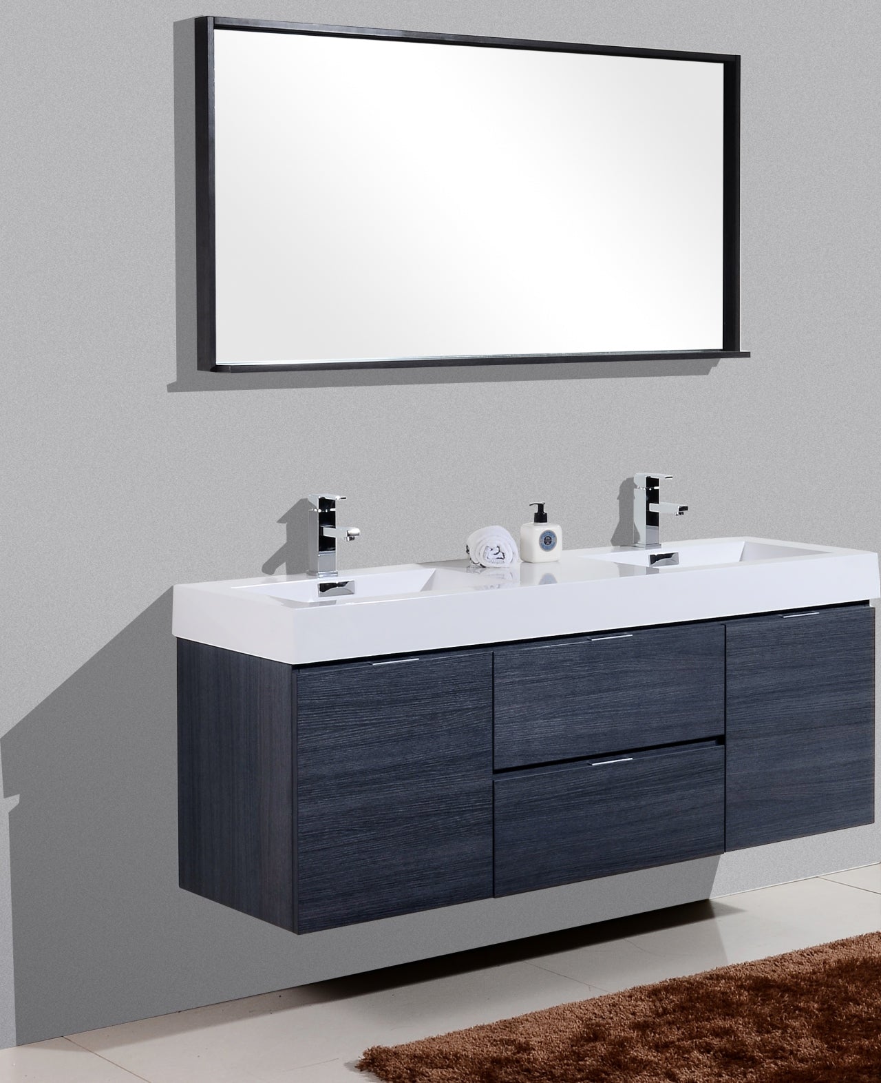 Kube Bath Bliss 60" Wall Mount / Wall Hung Double Sink Bathroom Vanity With 2 Drawers And 2 Doors Acrylic Countertop - Renoz