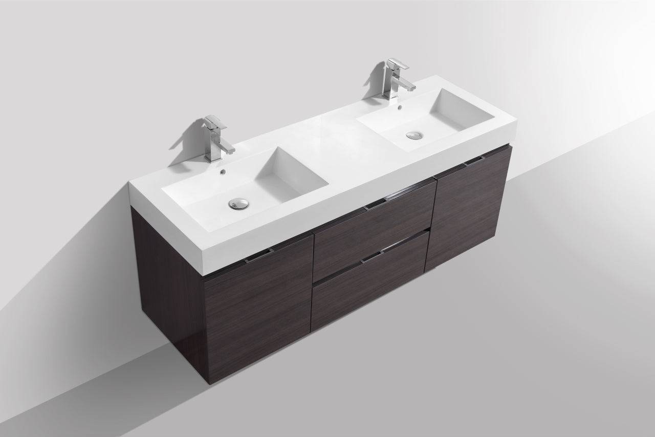 Kube Bath Bliss 60" Wall Mount / Wall Hung Double Sink Bathroom Vanity With 2 Drawers And 2 Doors Acrylic Countertop - Renoz