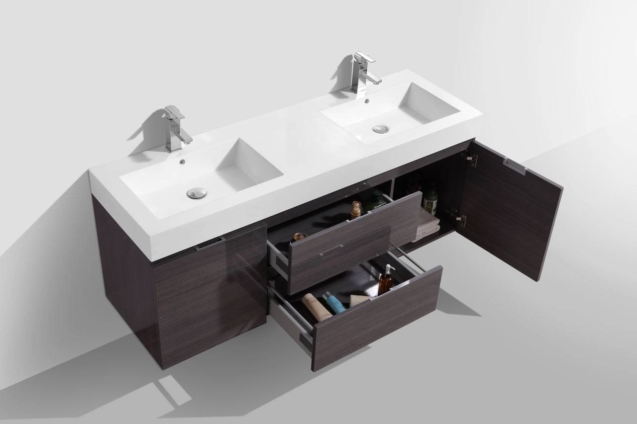 Kube Bath Bliss 60" Wall Mount / Wall Hung Double Sink Bathroom Vanity With 2 Drawers And 2 Doors Acrylic Countertop - Renoz