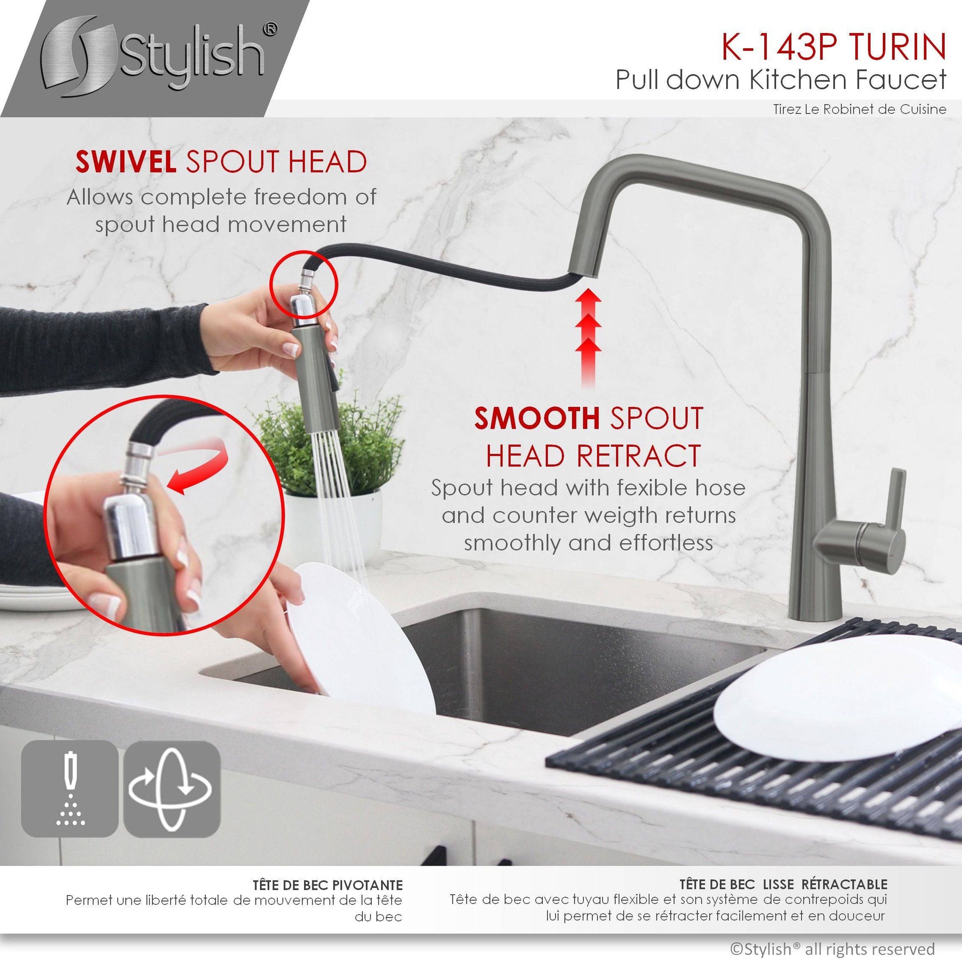 Stylish Turin 17" Kitchen Faucet Single Handle Pull Down Dual Mode Lead Free Gun Metal K-143P - Renoz