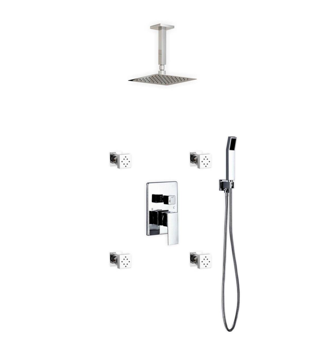 Kube Bath Aqua Piazza Shower Set With 8" Ceiling Mount Square Rain Shower, Handheld and 4 Body Jets Chrome - Renoz