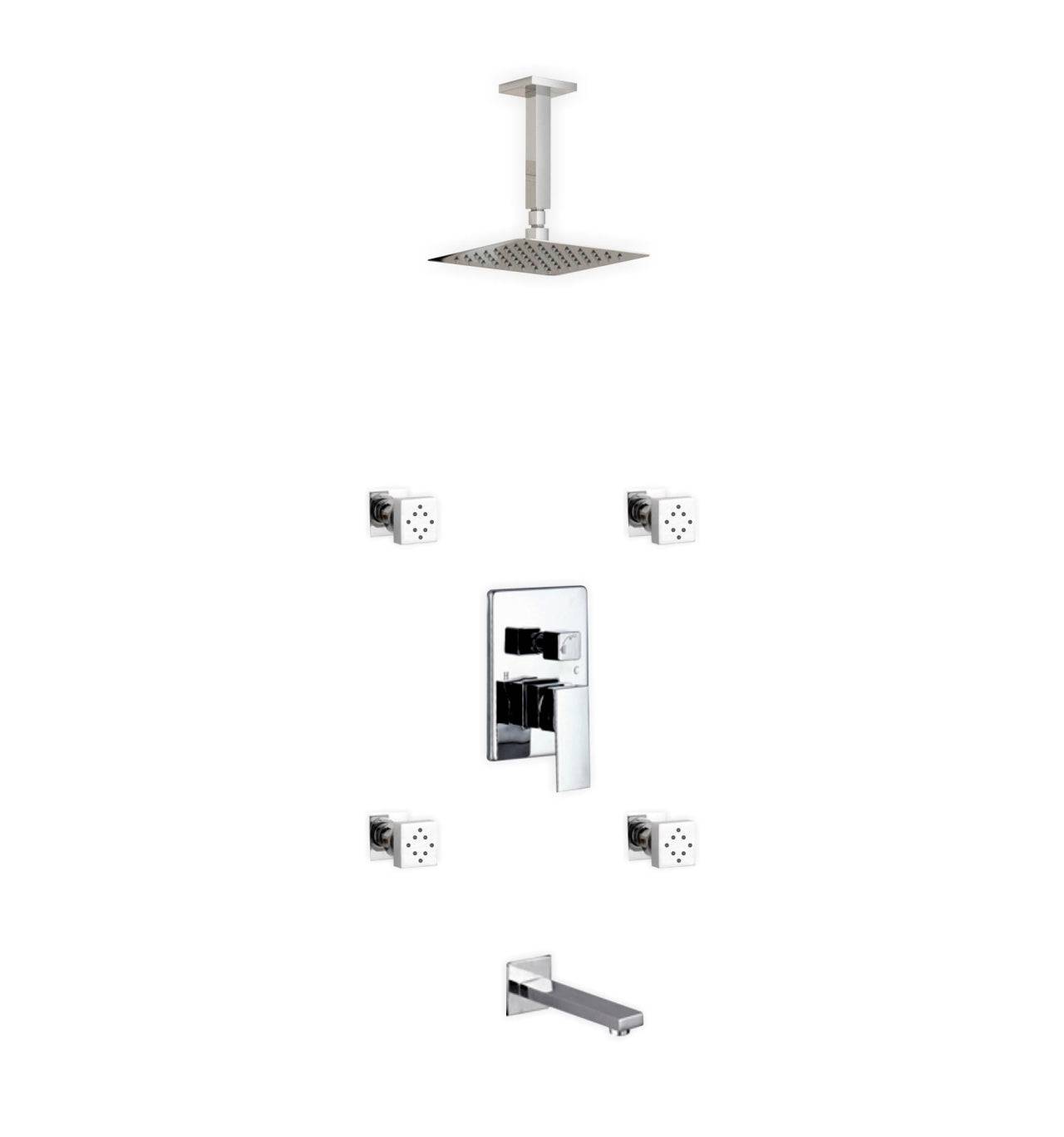 Kube Bath Aqua Piazza Shower Set With 8" Ceiling Mount Square Rain Shower, Tub Filler and 4 Body Jets Chrome - Renoz