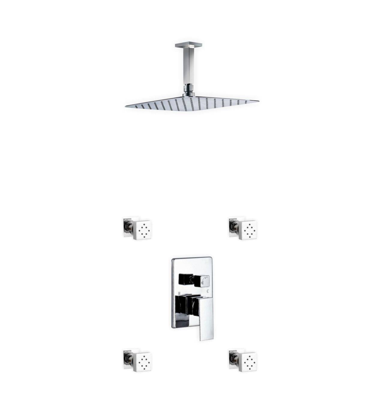 Kube Bath Aqua Piazza Shower Set With 12" Ceiling Mount Square Rain Shower and 4 Body Jets Chrome - Renoz