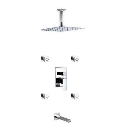 Kube Bath Aqua Piazza Shower Set With 12" Ceiling Mount Square Rain Shower, Tub Filler and 4 Body Jets Chrome - Renoz