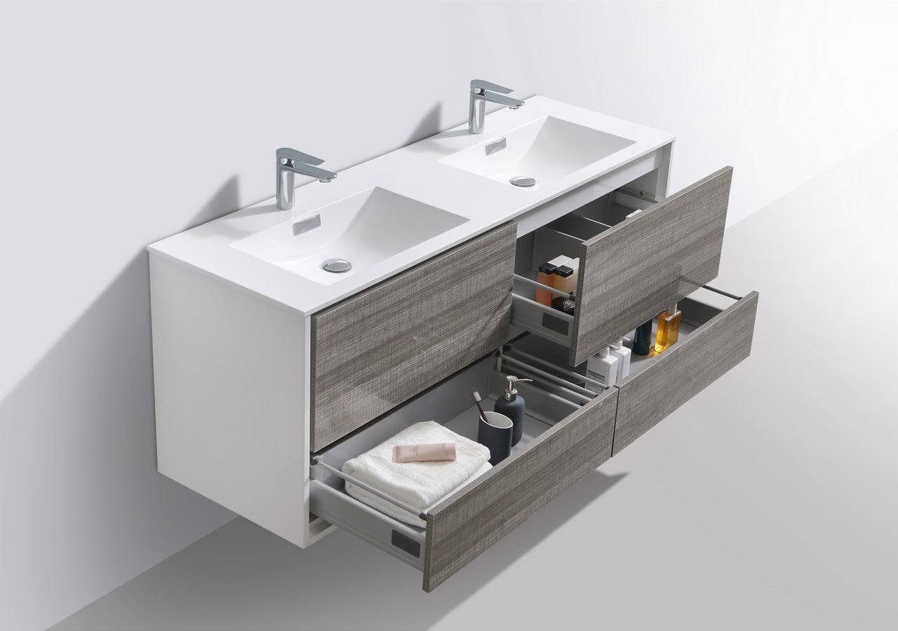 Kube Bath De Lusso 60" Wall Mount / Wall Hung Modern Double Sink Bathroom Vanity With 4 Drawers Acrylic Countertop - Renoz