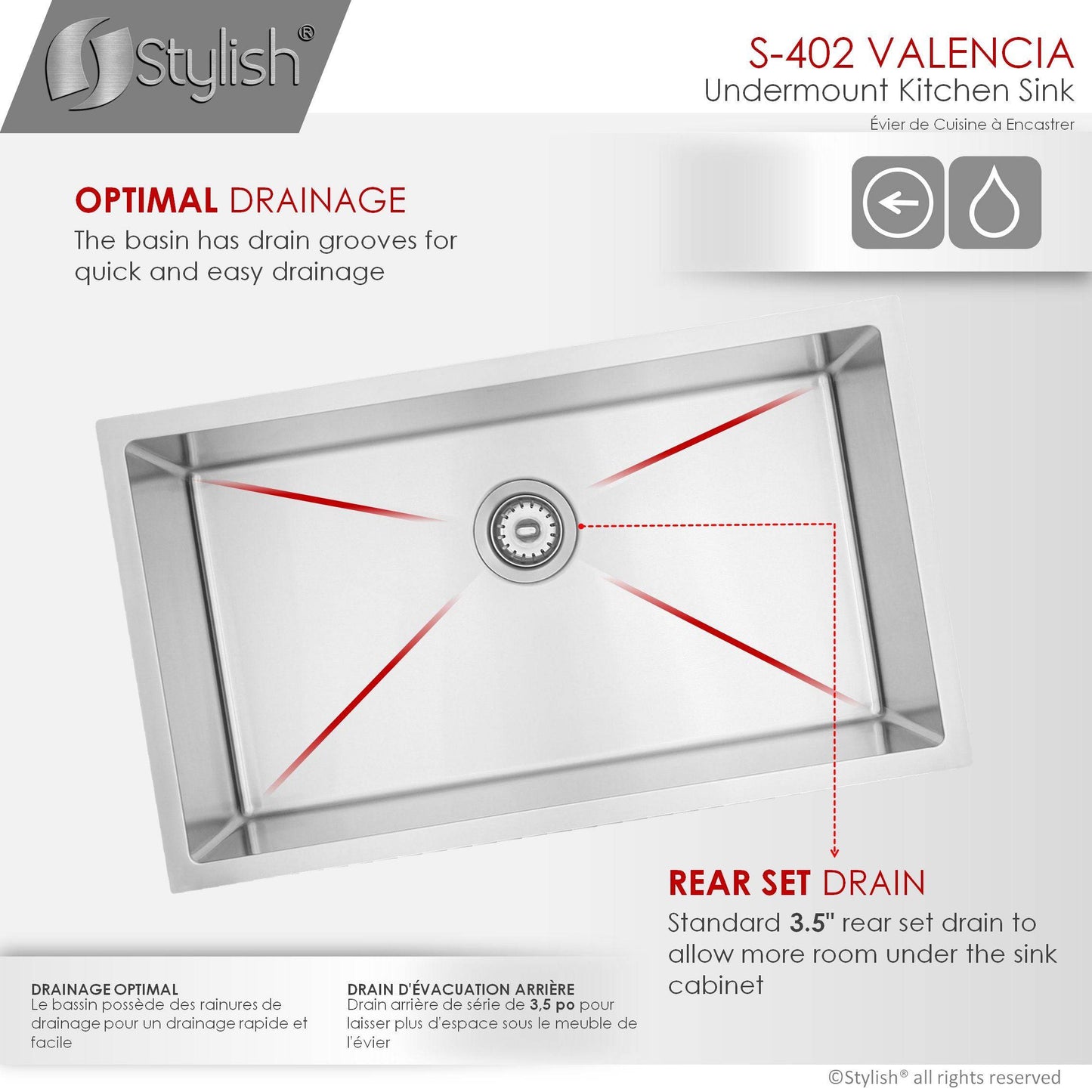 Stylish Valencia 31.13" x 18" Single Bowl Undermount Stainless Steel Kitchen Sink S-402 - Renoz