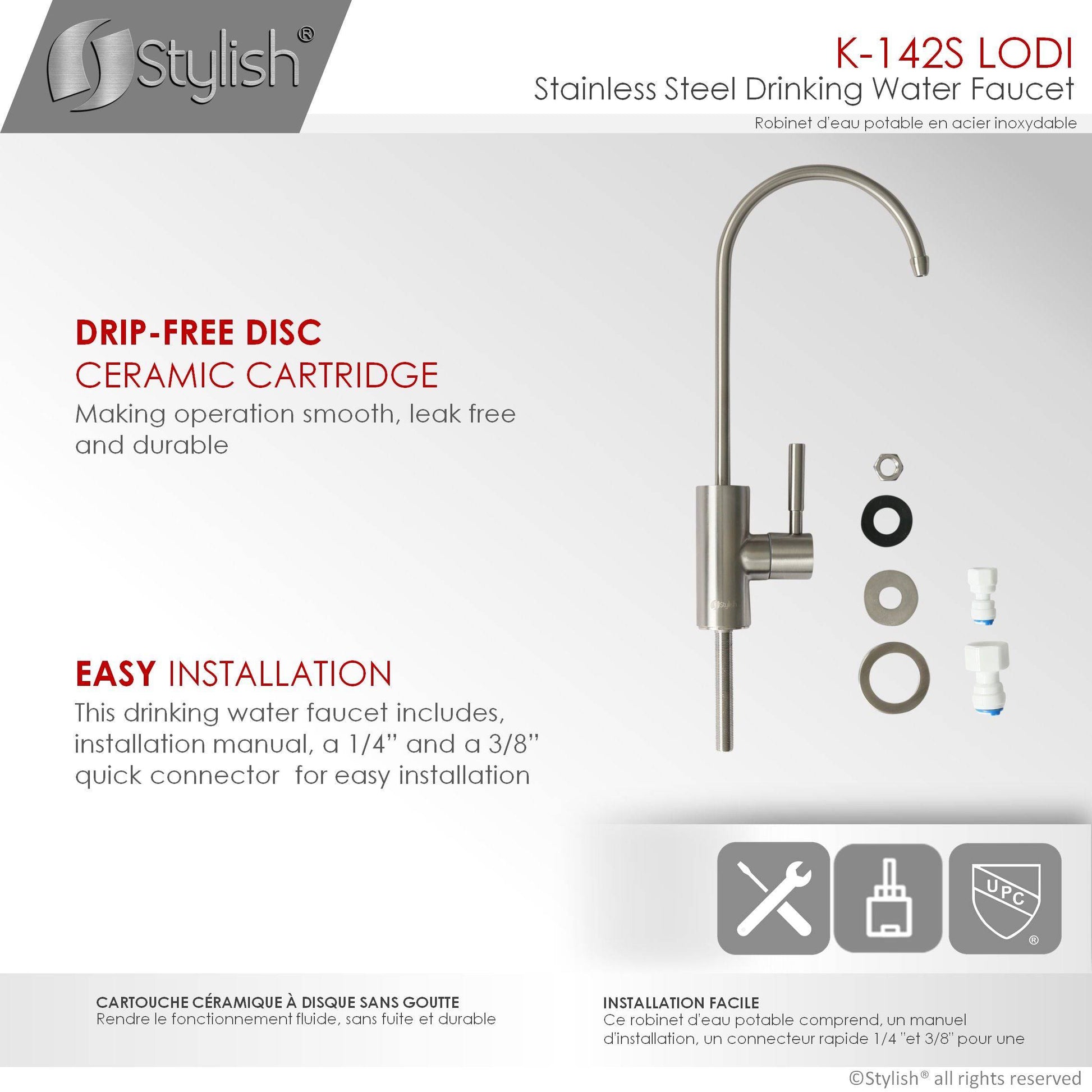 Stylish Lodi 11.25" Kitchen Drinking Water Tap Faucet, Stainless Steel Brushed Finish K-142S - Renoz