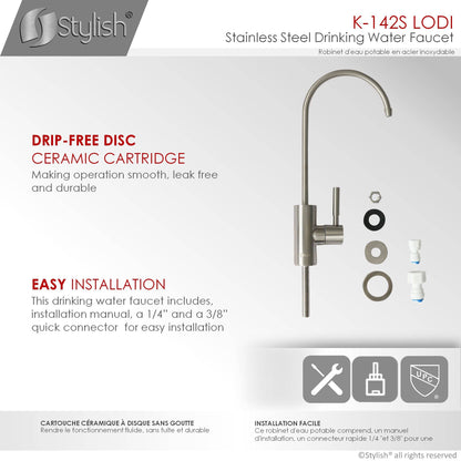 Stylish Lodi 11.25" Kitchen Drinking Water Tap Faucet, Stainless Steel Brushed Finish K-142S - Renoz