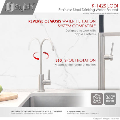 Stylish Lodi 11.25" Kitchen Drinking Water Tap Faucet, Stainless Steel Brushed Finish K-142S - Renoz