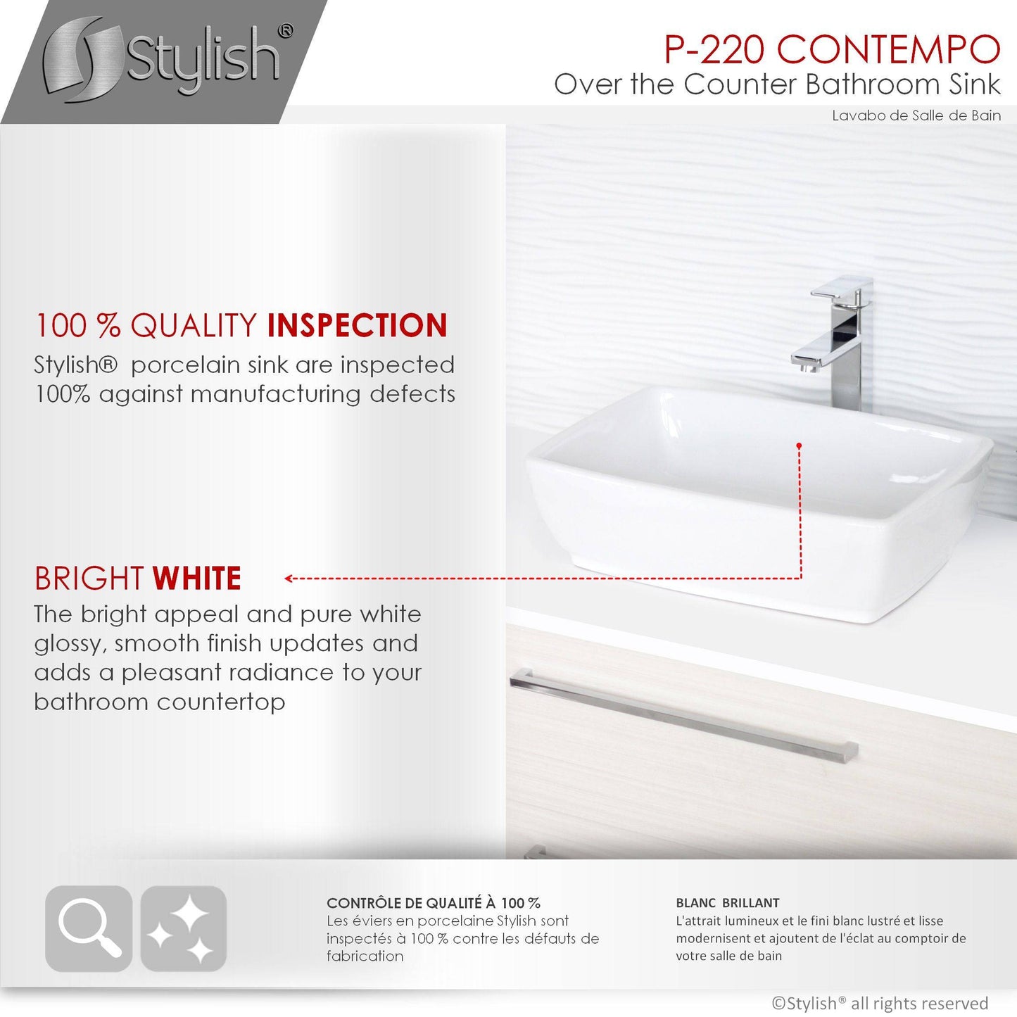 Stylish Contempo 19" x 13.38" Rectangular Vessel Bathroom Sink P-220 - Renoz