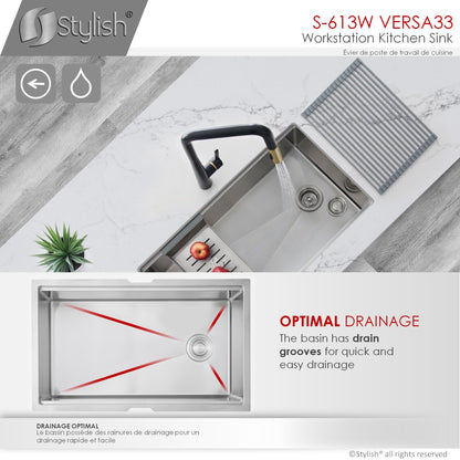 Stylish Versa33 33" x 19" Workstation Single Bowl Undermount 16 Gauge Stainless Steel Kitchen Sink with Built in Accessories S-613W - Renoz