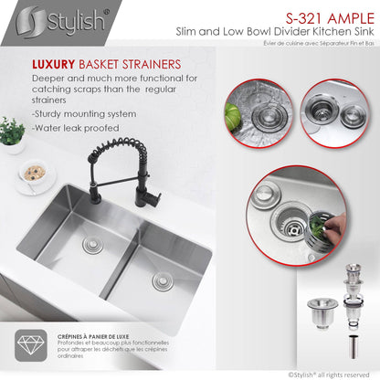 Stylish Ample 32" x 18" Slim Low Divider Double Bowl Undermount Stainless Steel Kitchen Sink S-321XG - Renoz