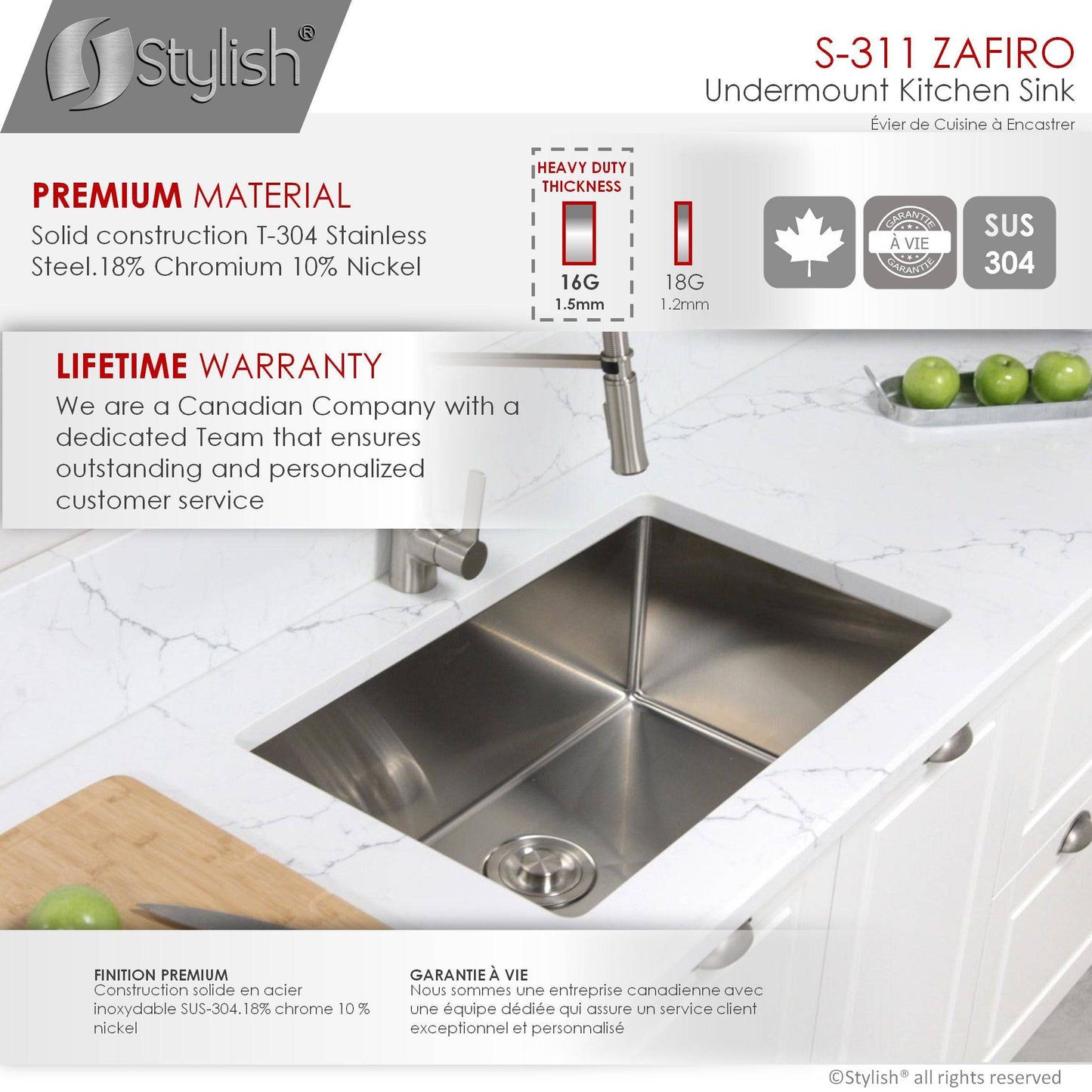 Stylish Zafiro 30" x 18" Single Bowl Undermount Stainless Steel Kitchen Sink S-311XG - Renoz