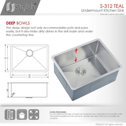 Stylish Teal 25" x 18" Single Bowl Undermount Stainless Steel Kitchen Sink S-312XG - Renoz