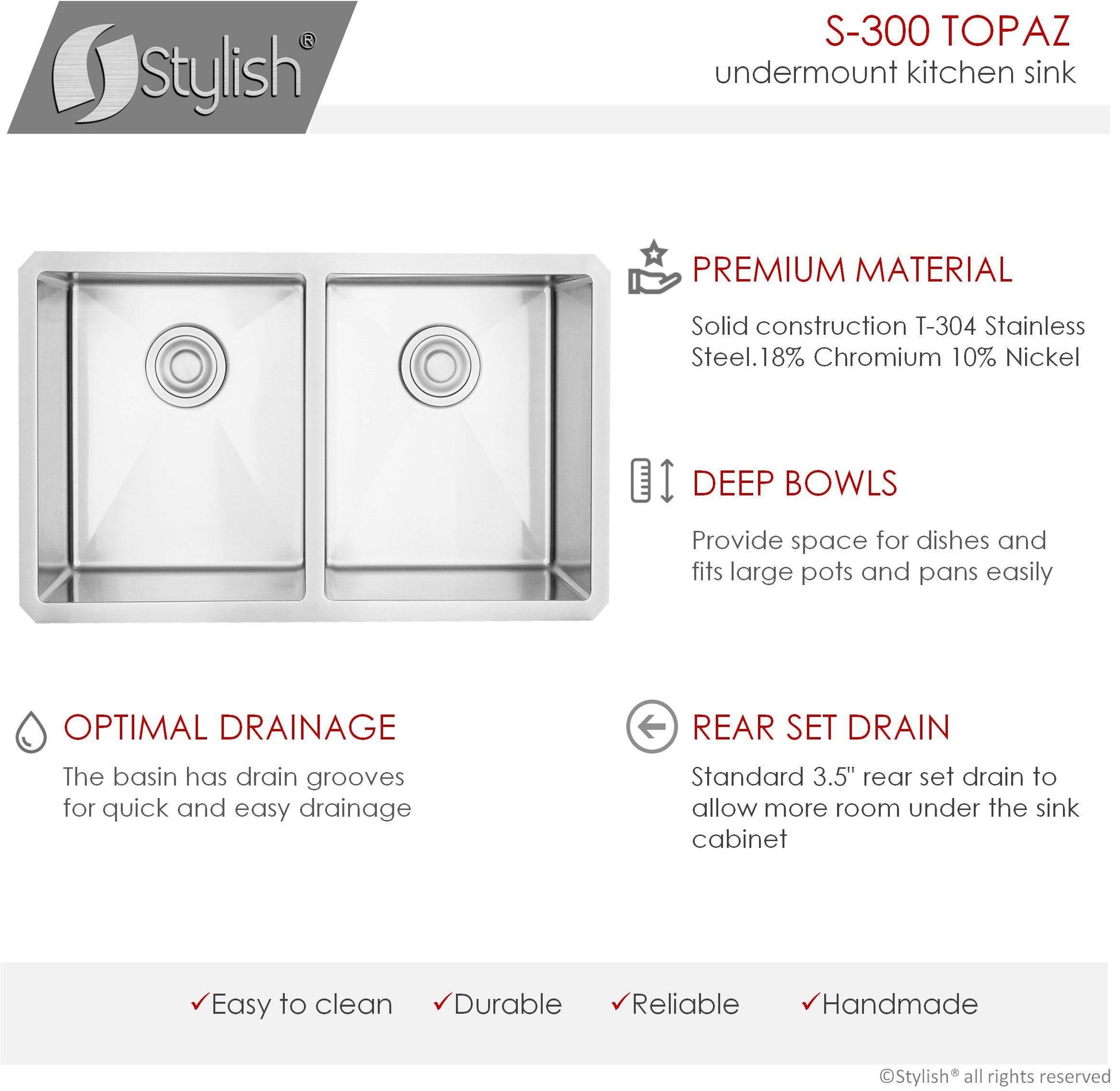 Stylish Topaz 28" x 18" Double Bowl Undermount Stainless Steel Kitchen Sink S-300XG - Renoz