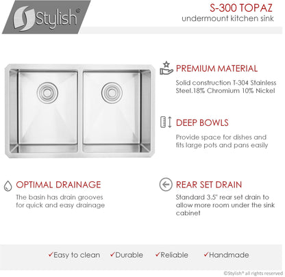 Stylish Topaz 28" x 18" Double Bowl Undermount Stainless Steel Kitchen Sink S-300XG - Renoz