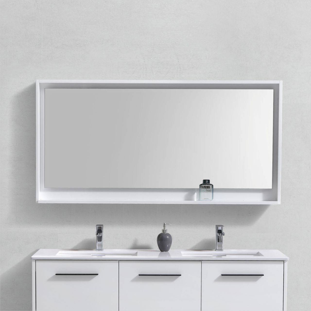 Kube Bath 60" Wide Bathroom Mirror With Shelf – High Gloss White - Renoz