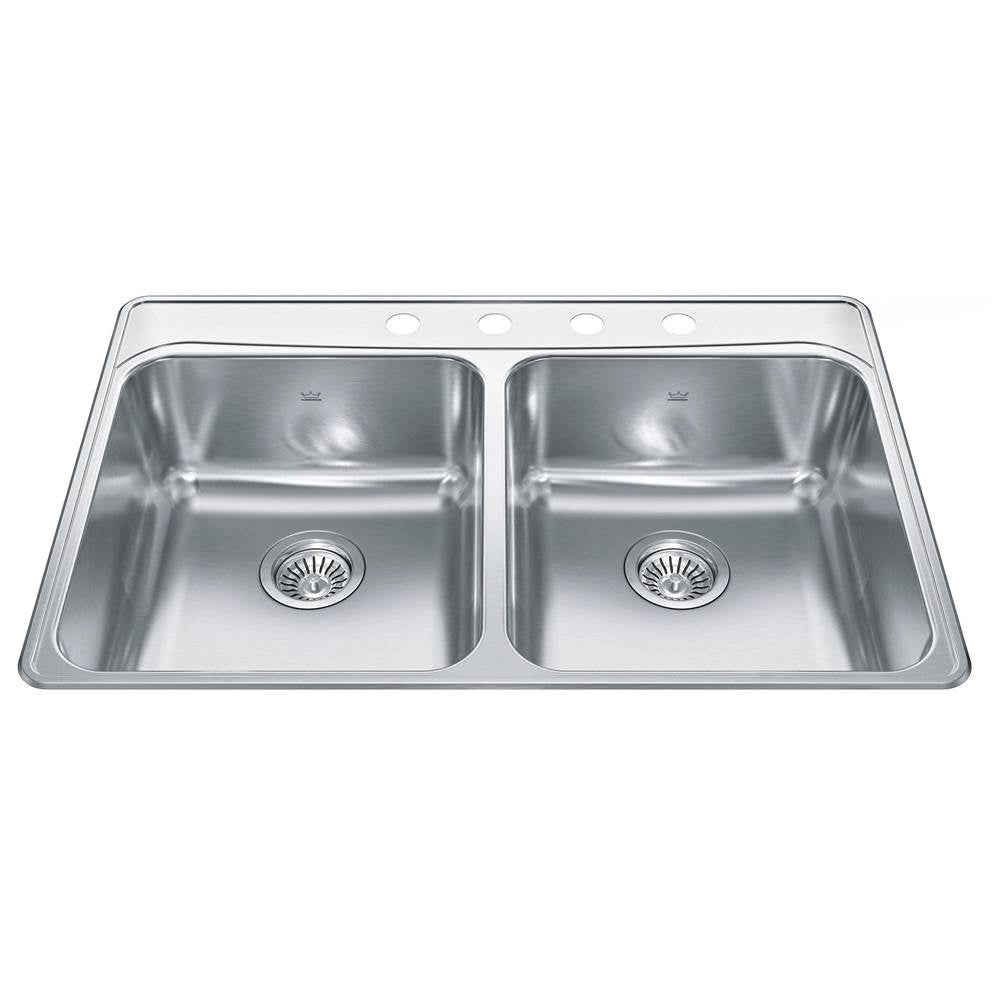 Kindred Creemore 33" x 22" Drop-in Double Bowl 4 Faucet Holes Stainless Steel Kitchen Sink - Renoz