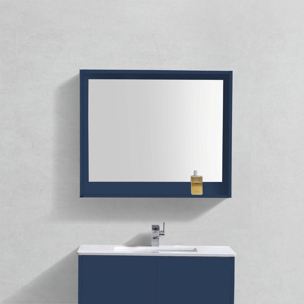 Kube Bath 36″ Wide Mirror W/ Shelf – Gloss Blue - Renoz