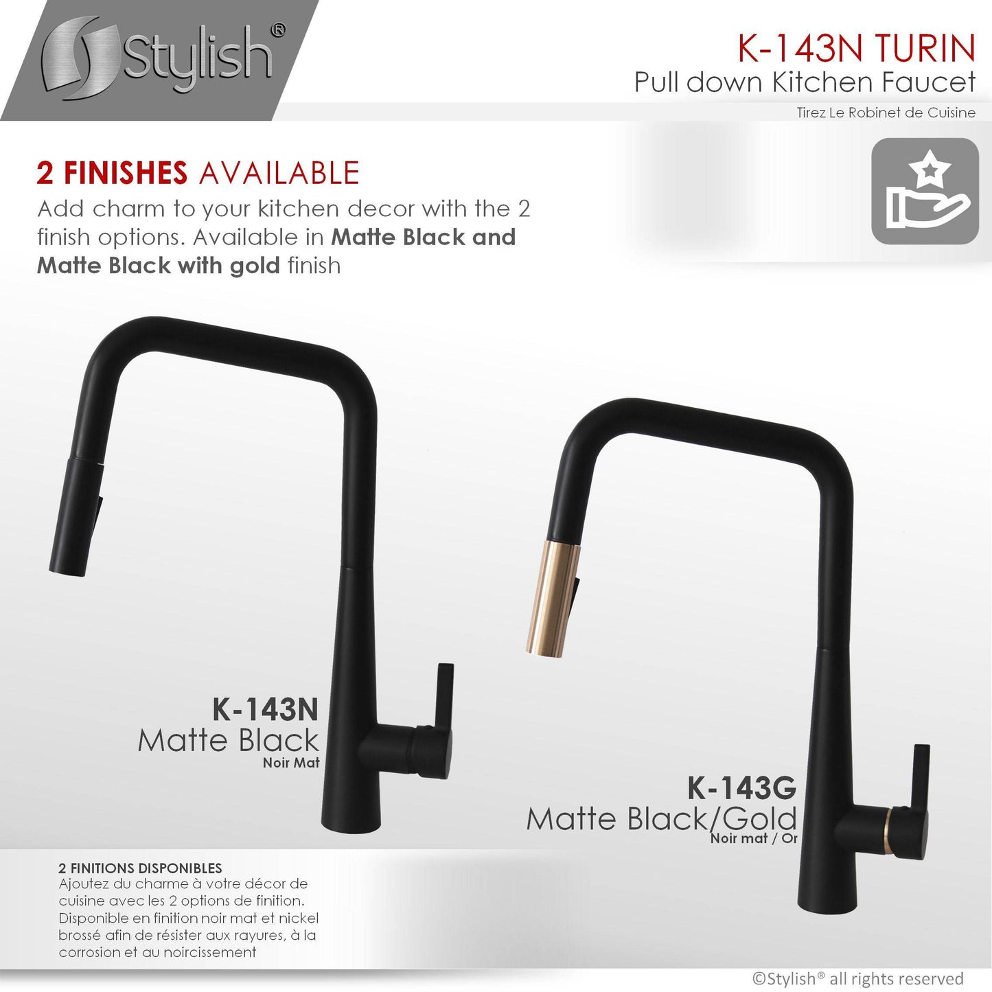 Stylish Turin 17" Kitchen Faucet Single Handle Pull Down Dual Mode Lead Free Matte Black K-143N - Renoz