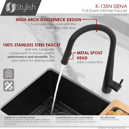 Stylish Siena 17" Kitchen Faucet Single Handle Pull Down Dual Mode Stainless Steel in Matte Black Finish K-135N - Renoz