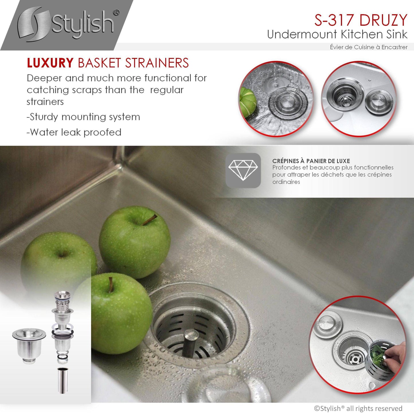 Stylish Druzy 15" x 15" Single Bowl Undermount Stainless Steel Kitchen Bar Prep Sink S-317G - Renoz