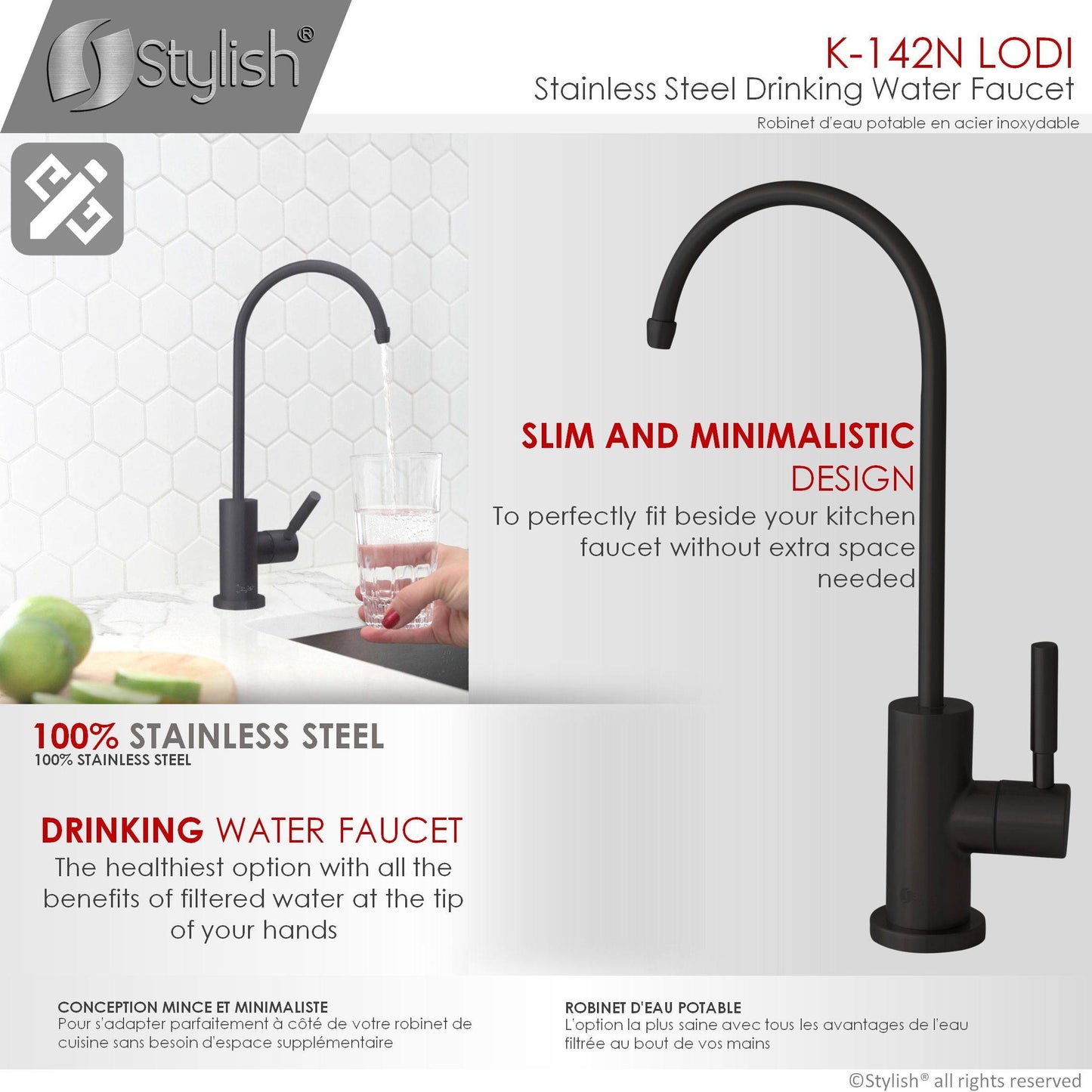 Stylish Lodi 11.25" Kitchen Drinking Water Tap Faucet, Stainless Steel Matte Black Finish K-142N - Renoz