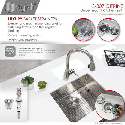 Stylish Citrine 23" x 18" Single Bowl Undermount Stainless Steel Kitchen Sink S-307XG - Renoz