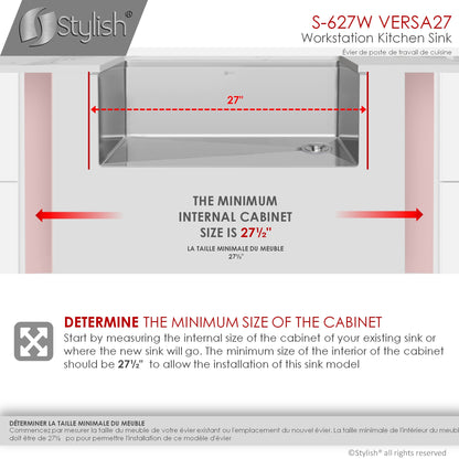 Stylish Versa27 27" x 19" Workstation Single Bowl Undermount 16 Gauge Stainless Steel Kitchen Sink with Built in Accessories S-627W - Renoz