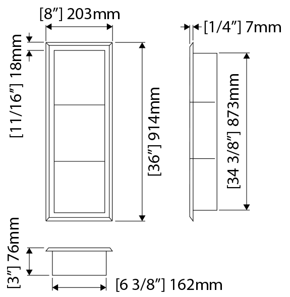 Zitta Stainless Steel Niche 36" x 8" x 3" (914mm X 203mm X 76mm) With 2 Shelf - Renoz